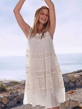 Johnny Was White Crochet Eyelet Dress with Colorful Embroidered Label